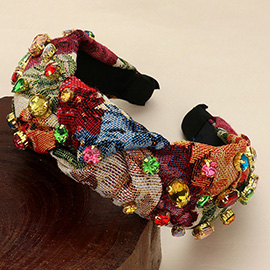 Stone Cluster Embellished Colorful Mesh Knot Headband