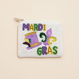 Mardi Gras Message Fleur de Lis Hat Stone Seed Beaded Mini Pouch Bag