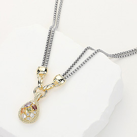 14K Gold Plated CZ Stone Embellished Teardrop Pendant Double Chain Toggle Necklace