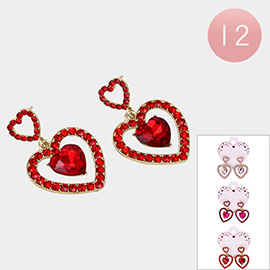 12Pairs - Heart Stone Dangle Earrings