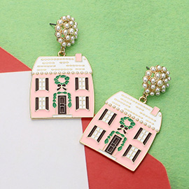 Enamel Christmas Pink House Dangle Earrings