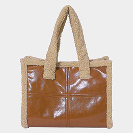 Fleece Trim Faux Leather Tote Bag / Crossbody Bag