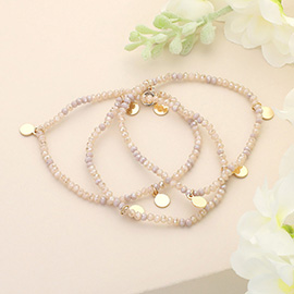 3PCS - Metal Disc Charm Faceted Beaded Stretch Multi Layered Bracelets