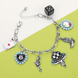 Ace Of Heart 8 Ball Billiard Heart Metal Gun Western Steerhead Boot Dice Charm Station Bracelet