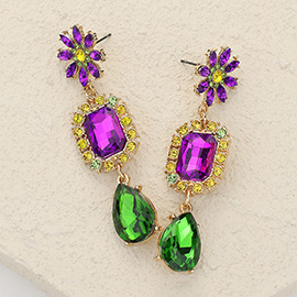 Mardi Gras Rectangle Teardrop Glass Stone Dangle Evening Earrings