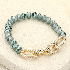 Textured Metal Link Accented Faceted Beaded Stretch Bracelet