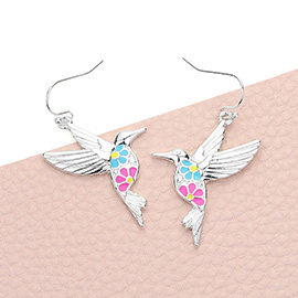 Flower Patterned Hummingbird Dangle Earrings