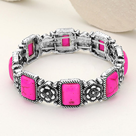 Rectangle Stone Cluster Western Metal Flower Link Stretch Bracelet