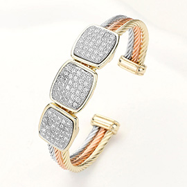 Three Tone Triple CZ Stone Paved Square Accented Cuff Bracelet