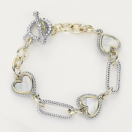 14K Gold Plated Mother Of Pearl Heart Textured Link Toggle Bracelet