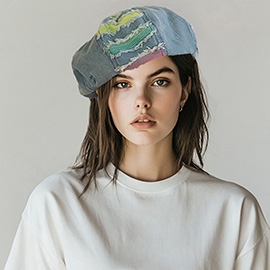 Patchwork Denim Fringe Beret Hat