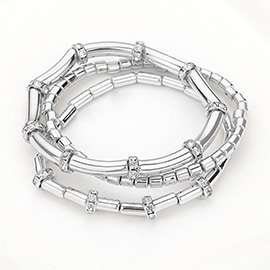 3PCS - Metal Bar Stone Beaded Stretch Multi Layered Bracelets