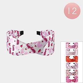 12PCS - Love Heart Printed Knot Satin Like Headbands