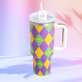 Mardi Gras Fleur de Lis Pattern Printed 40oz Stainless Steel Tumbler with Handle