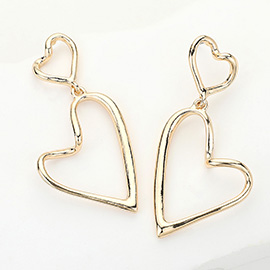 Double Hammered Metal Open Heart Dangle Earrings