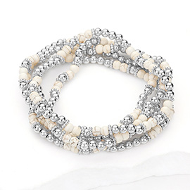 5PCS - Natural Stone Metal Ball Beaded Stretch Multi Layered Bracelets