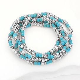 5PCS - Natural Stone Metal Ball Beaded Stretch Multi Layered Bracelets