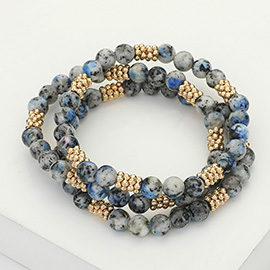 3PCS - Natural Stone Metal Bubble Bar Beaded Stretch Multi Layered Bracelets 