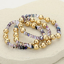 3PCS - Metal Ball Faceted Beaded Stretch Multi Layered Bracelets