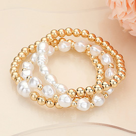 3PCS - Metal Pearl Ball Beaded Stretch Multi Layered Bracelets