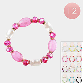 12PCS - Pearl Oval Faceted Beaded Stretch Bracelets