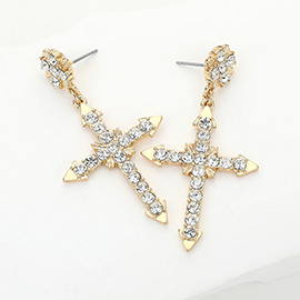 Stone Paved Cross Dangle Earrings