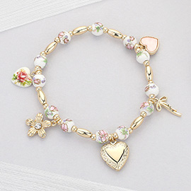 Heart Locket Flower Bow Charm Station Stretch Bracelet