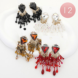 12Pairs - Faceted Beaded Tassel Triangle Stone Cluster Earrings