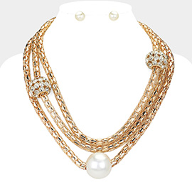 Pearl Rhinestone Ball Pointed Mesh Chain Layered Statement Necklace