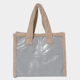 Fleece Trim Faux Leather Tote Bag / Crossbody Bag