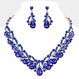 Teardrop Accented Stone Embellished Leaf Evening Necklace