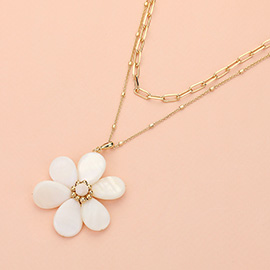 Mother of Pearl Flower Pendant Double Layered Paperclip Chain Necklace