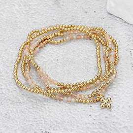 5PCS - Metal Bubble Flower Charm Accented Beaded Stretch Multi Layered Bracelets