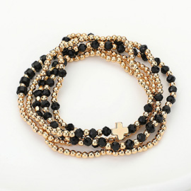 5PCS - Metal Cross Pointed Faceted Beaded Stretch Multi Layered Bracelets