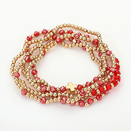 5PCS - Metal Cross Pointed Faceted Beaded Stretch Multi Layered Bracelets