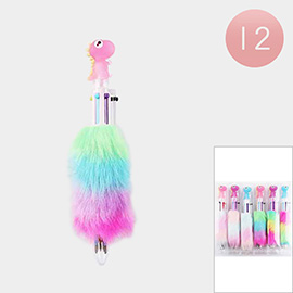 12PCS - Dino Tip Fuzzy Rainbow Fur Ball Pens