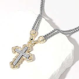 14K Gold Plated CZ Stone Paved Cross Pendant Double Chain Necklace