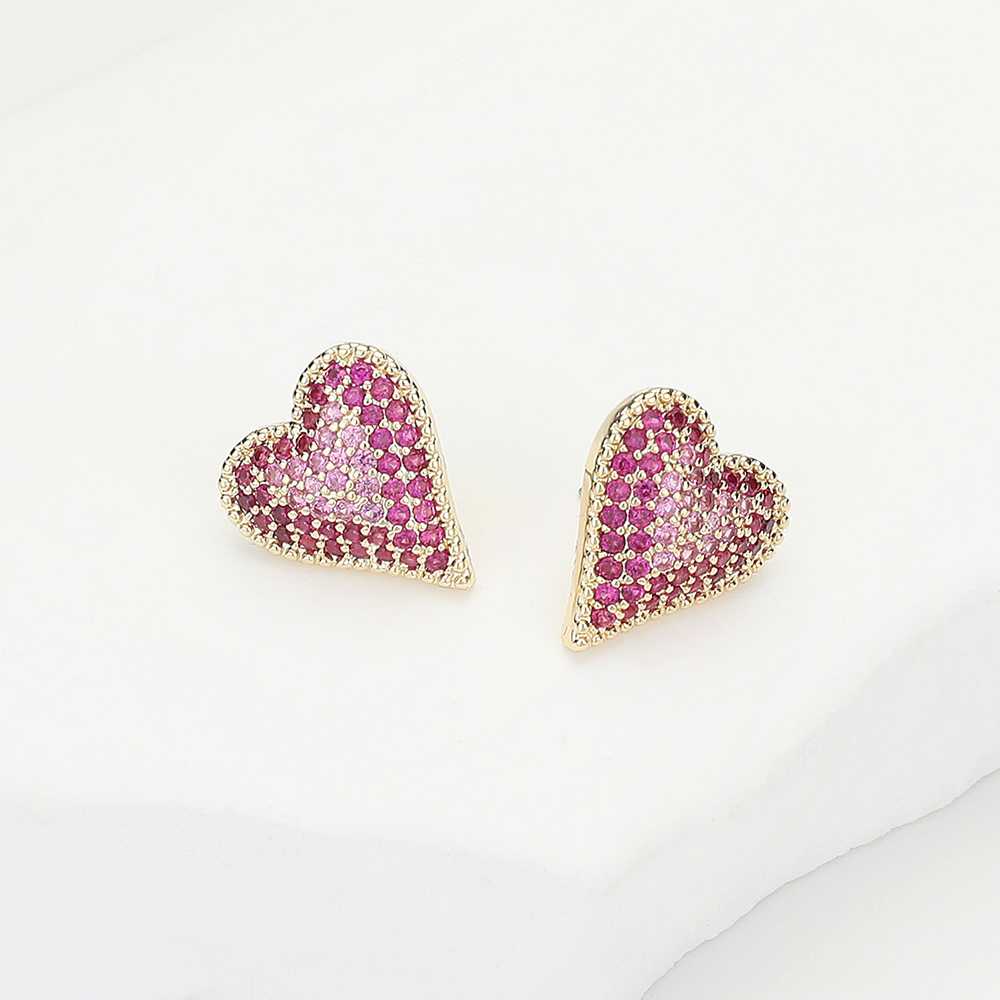 14K Gold Plated CZ Stone Paved Heart Stud Earrings