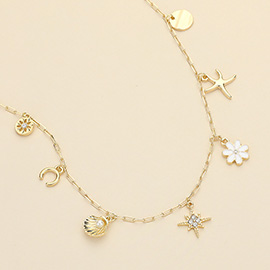 Pearl Shell Metal Starfish Stone Paved Starburst Enamel Flower Charm Station Paperclip Chain Necklace