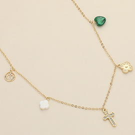 Stone Paved Cross Heart Quatrefoil Anchor Charm Station Necklace