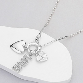 Stone Paved LOVE Message Metal Heart Charms Pendant Paperclip Chain Necklace