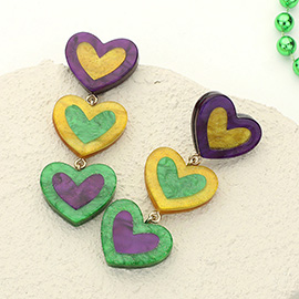 Glittered Resin Mardi Gras Triple Heart Link Dropdown Earrings