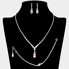 Teardrop Stone Pendant Pointed Baguette Stone Embellished Rhinestone Paved Jewelry Set