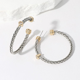 14K Gold Plated CZ Stone Bezel Pointed Two Tone Braided Hoop Earrings