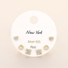 SECRET BOX_925 Sterling Silver Post Stone Paved Heart Square Round 3 Pairs Stud Earring Set