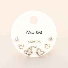 SECRET BOX_925 Sterling Silver Post Stone Paved Rim Mother of Pearl Butterfly 3 Pairs Stud Earring Set