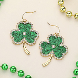 Stone Embellished Glittered St Patricks Shamrock Clover Dangle Earrings