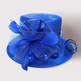 Stone Pointed Feather Mesh Bow Accented Dressy Hat