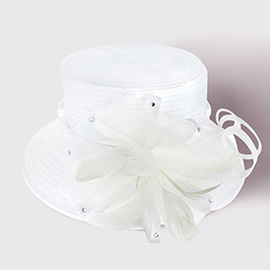 Stone Pointed Feather Mesh Bow Accented Dressy Hat