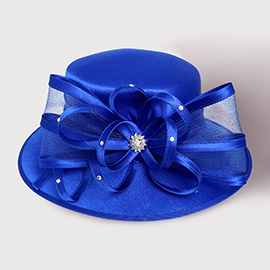 Flower Mesh Bow Accented Dressy Hat